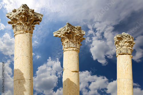 Roman Columns in the Jordanian city of Jerash (Gerasa of Antiquity), capital and largest city of Jerash Governorate, Jordan. Against the background of a beautiful sky with clouds #1174637634