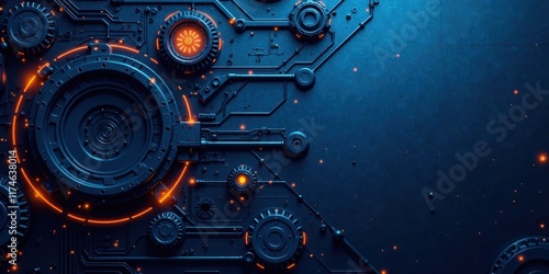 Futuristic Mechanical Panel with Glowing Orange Circuits and Intricate Gears, Ideal for Technological Backgrounds or Abstract Designs