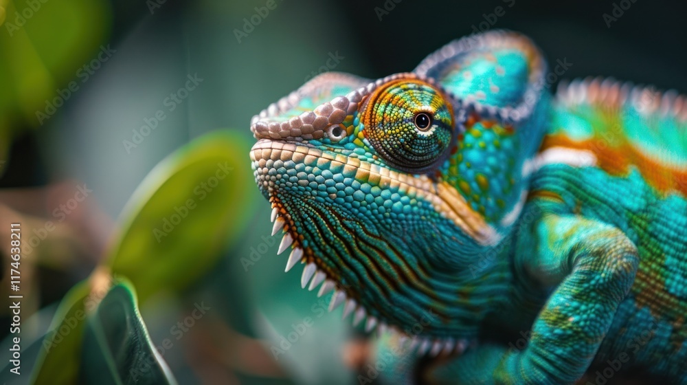 A green chameleon in its habitat, AI generated image A green chameleon in its habitat, AI generated image