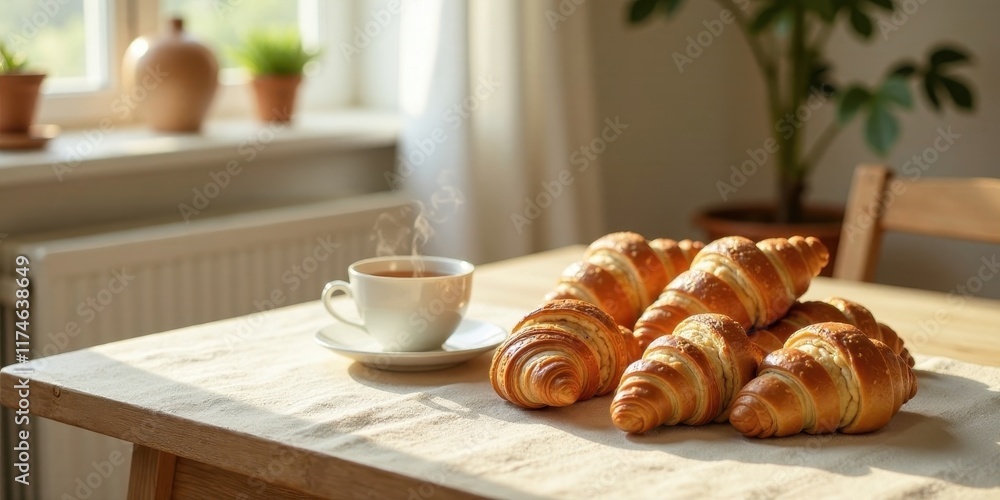 Warm Morning Light Illuminates a Table Setting with Freshly Baked Croissants and a Steaming Cup of Tea Warm Morning Light Illuminates a Table Setting with Freshly Baked Croissants and a Steaming Cup of Tea