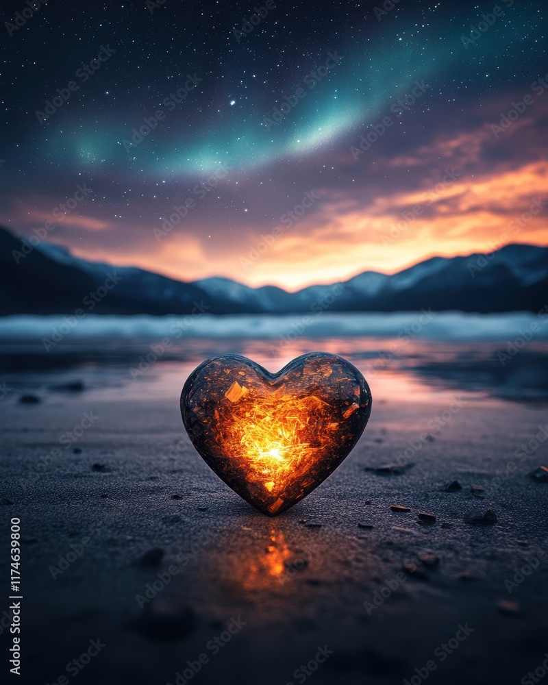 Fototapeta premium Glowing Heart Shaped Stone with Northern Lights and Sunset Colors