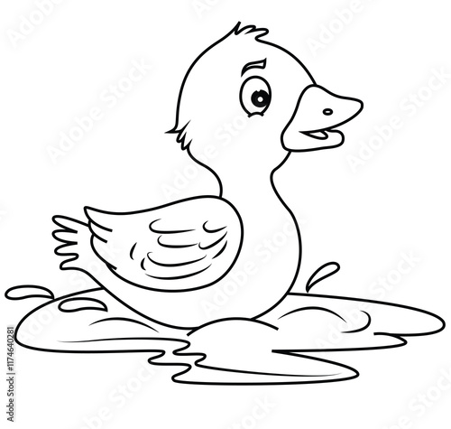 Cute cartoon hand drawn vector funny baby duck floating on water outline.