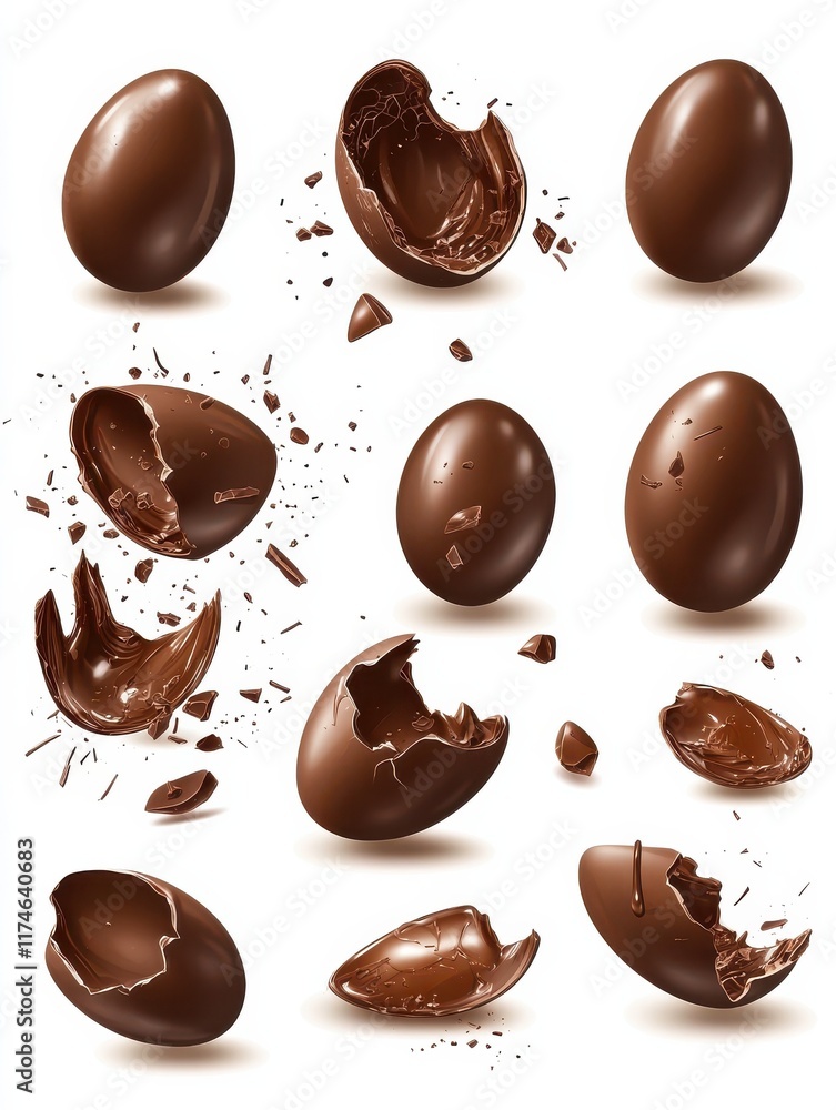 Chocolate eggs set. Isolated whole, broken, exploded, cracked and open brown eggs collection. Realistic sweet chocolate candy dessert icons. Vector Easter holiday celebration concept Chocolate eggs set. Isolated whole, broken, exploded, cracked and open brown eggs collection. Realistic sweet chocolate candy dessert icons. Vector Easter holiday celebration concept