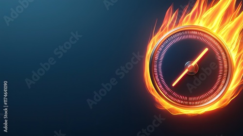 A fiery speedometer design symbolizes rapid movement and energy, blending flames with a traditional gauge against a dark background. photo