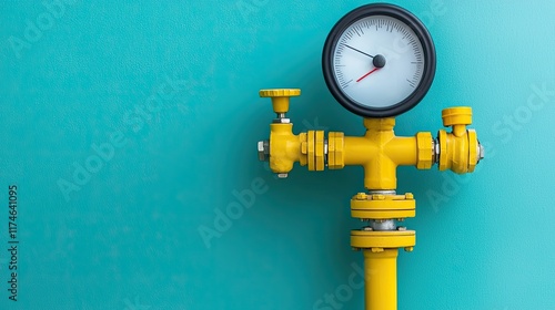 A bright yellow gas pressure gauge mounted on a turquoise wall, showcasing its dial and valves, highlighting industrial design and functionality.