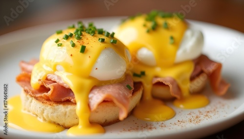 Classic Eggs Benedict with Hollandaise: A plate of eggs Benedict with perfectly poached eggs, Canadian bacon, and a rich hollandaise sauce