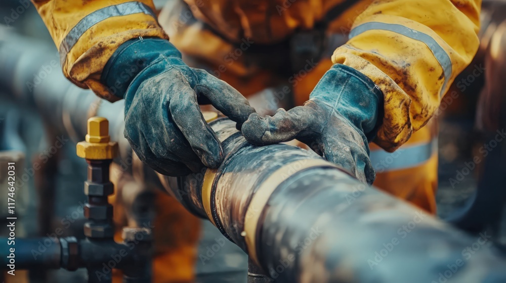 A man in a yellow and black outfit is working on a pipe A man in a yellow and black outfit is working on a pipe