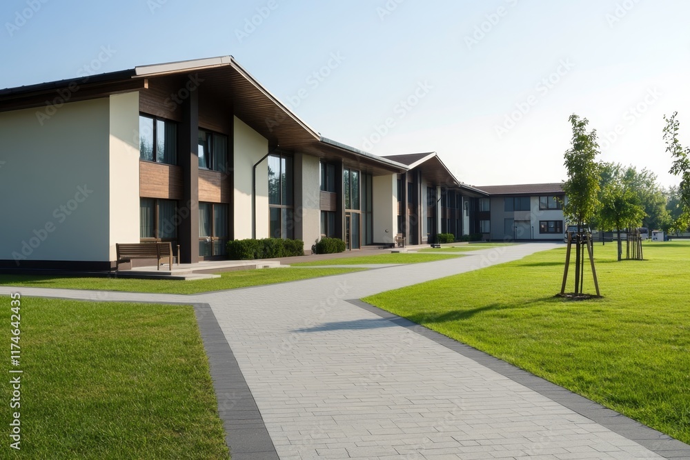 Modern architectural design showcases vibrant landscaping in bright, sunny environment of a residential complex Modern architectural design showcases vibrant landscaping in bright, sunny environment of a residential complex
