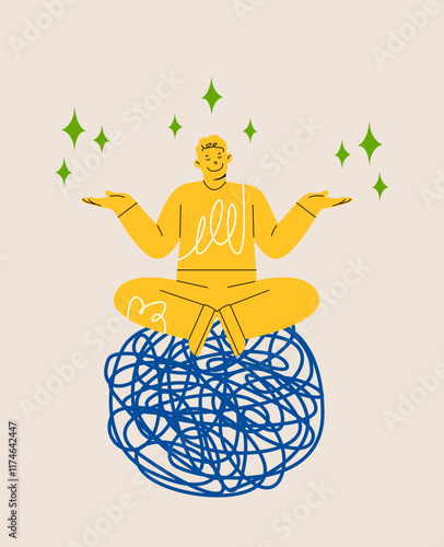 Man in meditation on chaos mess line. Stress management concept. Colorful vector illustration