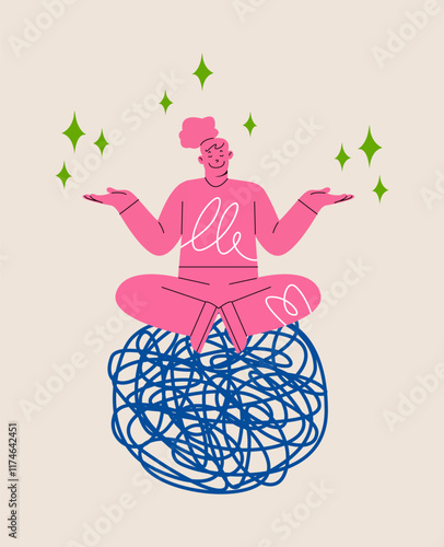 Woman in meditation on chaos mess line. Stress management concept. Colorful vector illustration