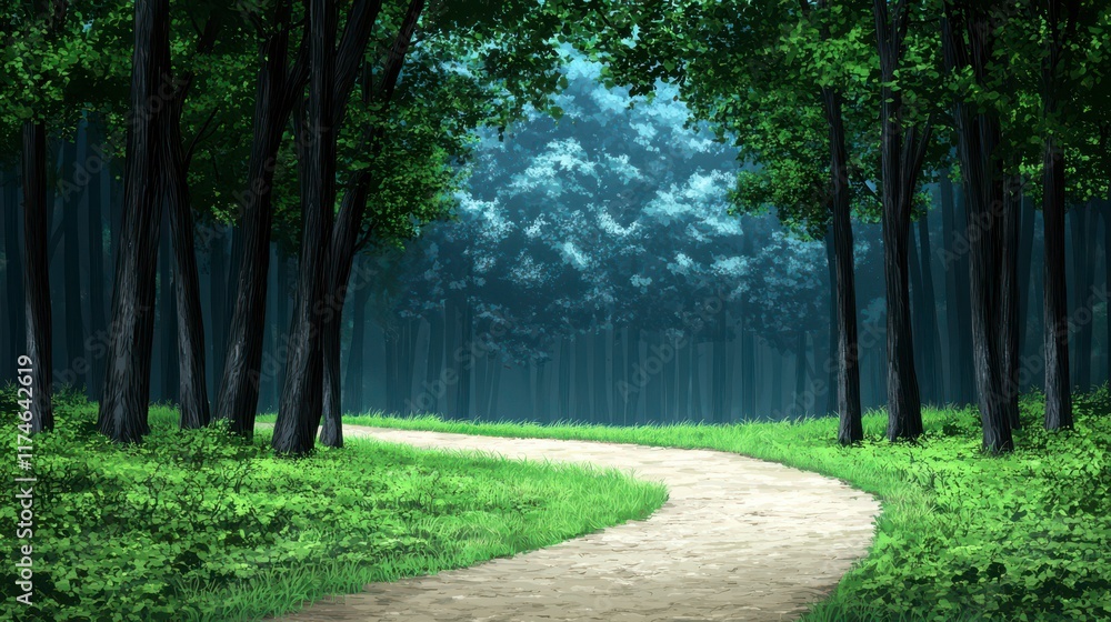Obraz premium Serene Pathway through Lush Green Forest with Soft Light Effects