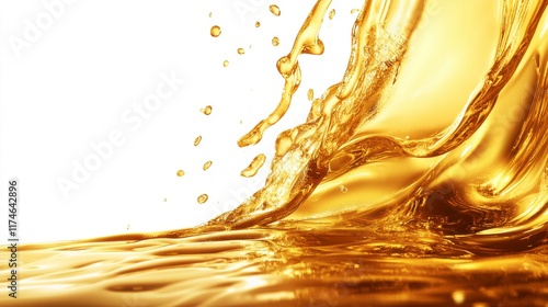 Abstract yellow liquid splashing like gold, creating fresh, clean bubbles as it pours from a glass