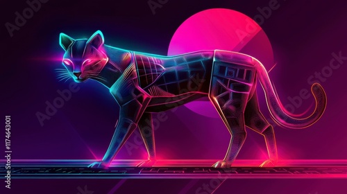 Futuristic digital collectible card featuring a tiger stylized vector art with glowing neon colors dynamic lighting cyberpunk background