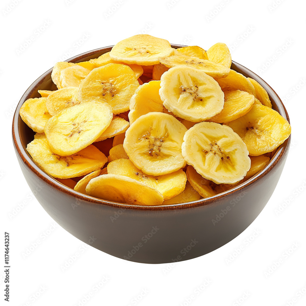 a bowl full of very thinly sliced deep-yellow coloured big banana chips, overflowing in the bowl, white background a bowl full of very thinly sliced deep-yellow coloured big banana chips, overflowing in the bowl, white background