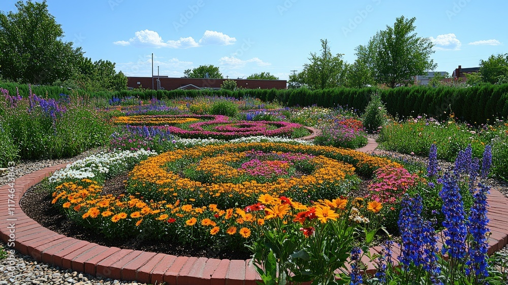Fototapeta premium Vibrant floral garden with circular flowerbeds, brick edging, and diverse blooms under a sunny sky.