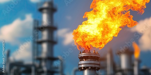 Natural gas fuel demand concept. A vibrant flame erupts from an industrial gas flare stack against a blue sky, highlighting the intersection of energy production and environmental impact.