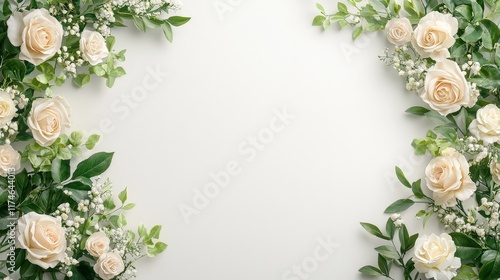A white background with a bunch of white roses and green leaves
