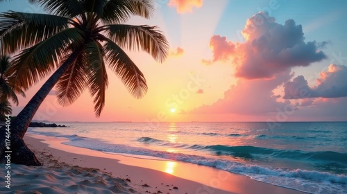 Serene Sunset on a Tropical Beach with Gently Rolling Waves and a Silhouetted Palm Tree