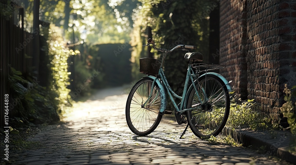 Fototapeta premium Vintage Bicycle on Cobblestone Street: A Serene Countryside Scene