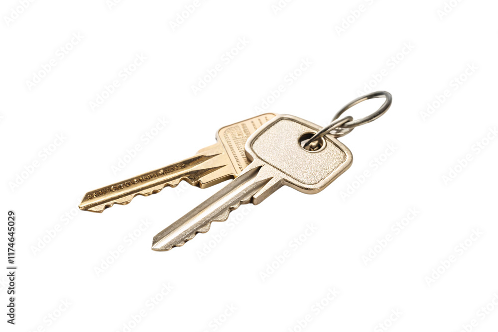 Two traditional metallic keys on a simple ring, emphasizing functionality and practicality in everyday use, isolated on a transparent background Two traditional metallic keys on a simple ring, emphasizing functionality and practicality in everyday use, isolated on a transparent background