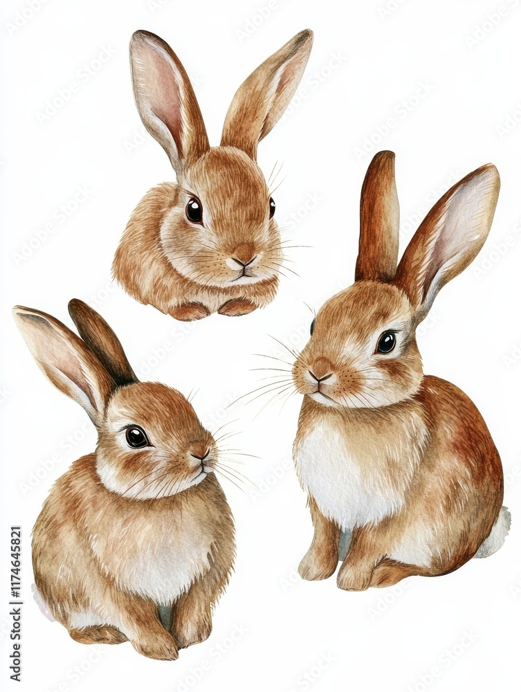 Obraz premium Collection of three watercolour paintings of brown cute rabbits isolated on white background, animal clipart bundle.