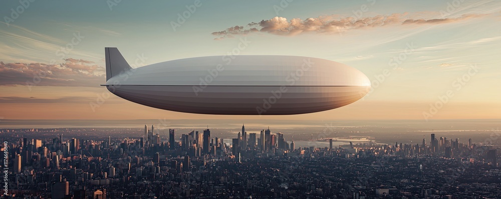 Fototapeta premium A futuristic airship hovers over a city skyline at sunset, blending technology with urban aesthetics in a serene atmosphere.