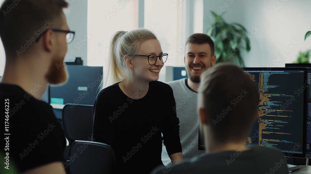 Fototapeta premium In a vibrant tech office, a female computer programmer animatedly discusses coding challenges with her peers, fostering collaboration and creativity. The atmosphere is lively and inspiring