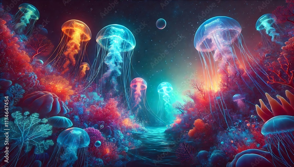 Mystical Jellyfish Dance in a Vibrant Coral Wonderland Mystical Jellyfish Dance in a Vibrant Coral Wonderland