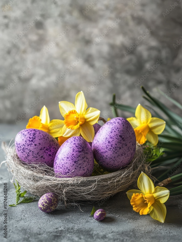 Obraz premium Easter or spring background. Decorative violet eggs. and yellow daffodils or narcissus flowers on. grey textured background. Selective focus. Place for text.