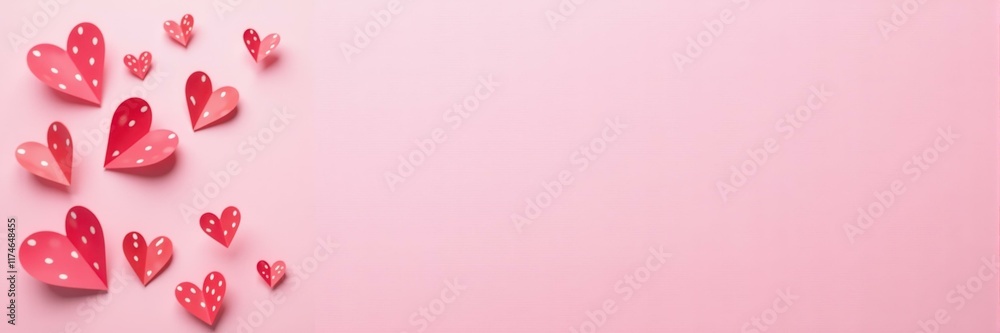 Paper hearts with dotted patterns arranged on a pink background, creating a romantic and celebratory concept with a flat lay style for use on Valentine's Day or other romantic occasions. Paper hearts with dotted patterns arranged on a pink background, creating a romantic and celebratory concept with a flat lay style for use on Valentine's Day or other romantic occasions.