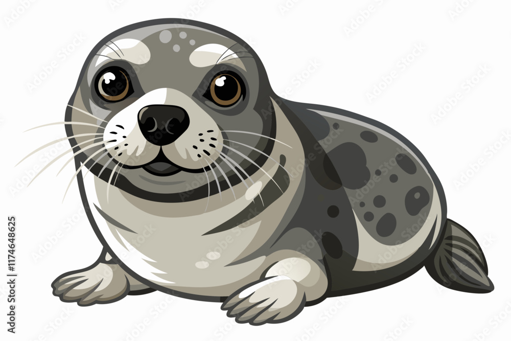 Fototapeta premium Cute seal lying Phoca vitulina isolated on a white background 