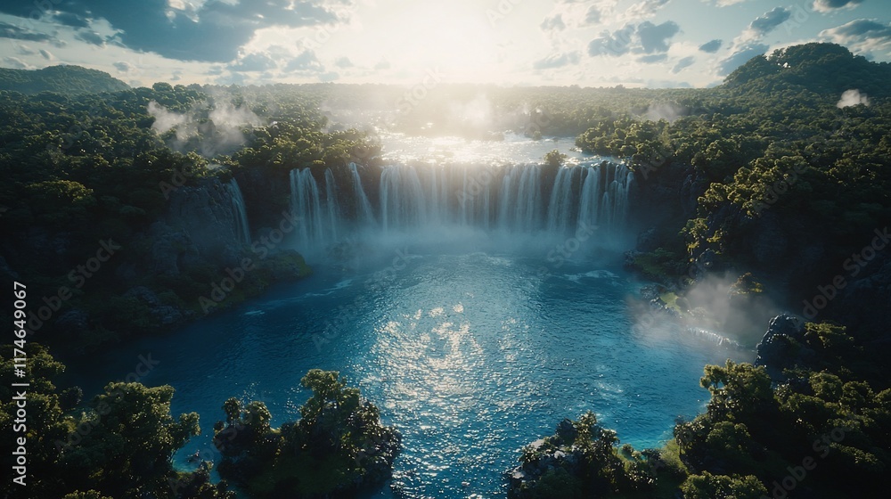 Fototapeta premium Majestic waterfall cascading into a serene pool surrounded by lush tropical rainforest.