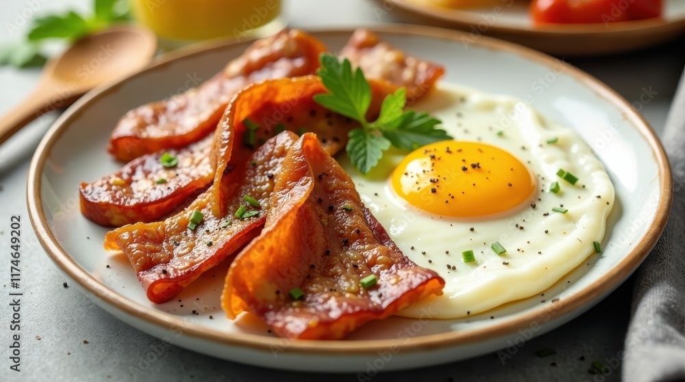 A delectable breakfast plate featuring crispy fried bacon strips and a perfectly cooked sunny-side-up egg, garnished with fresh herbs A delectable breakfast plate featuring crispy fried bacon strips and a perfectly cooked sunny-side-up egg, garnished with fresh herbs
