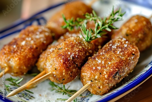 Mini sausages fried on sticks with generative ai