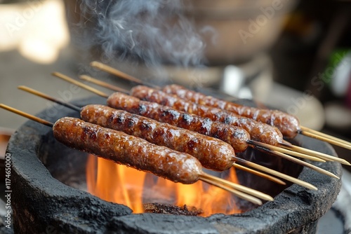 Mini sausages fried on sticks with generative ai