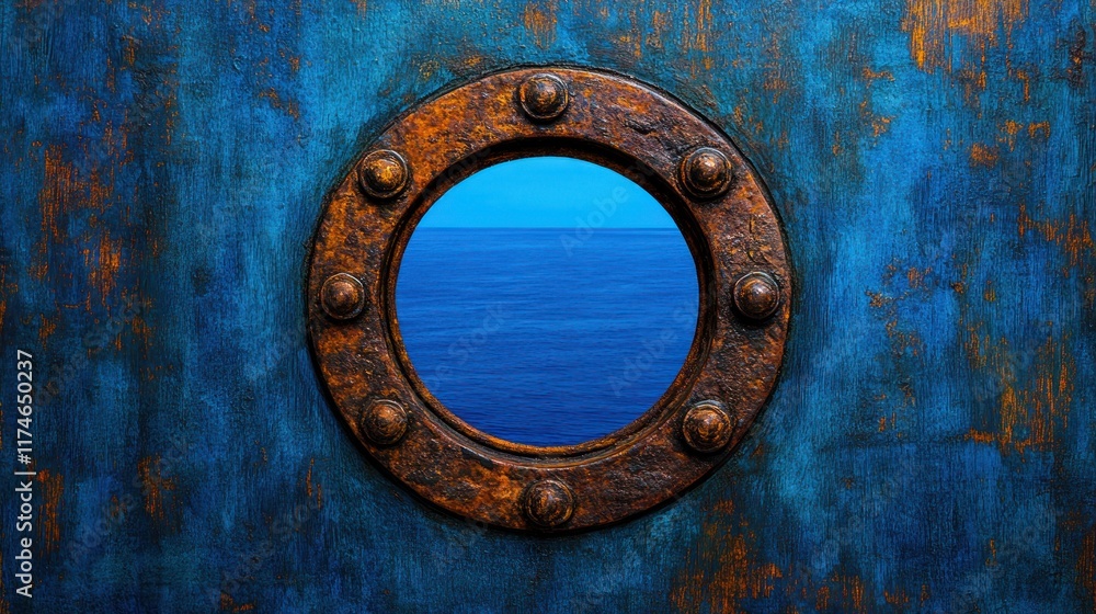 Rusty Closed Porthole Window with Ocean View on Rich Wood Grain Texture Background Rusty Closed Porthole Window with Ocean View on Rich Wood Grain Texture Background