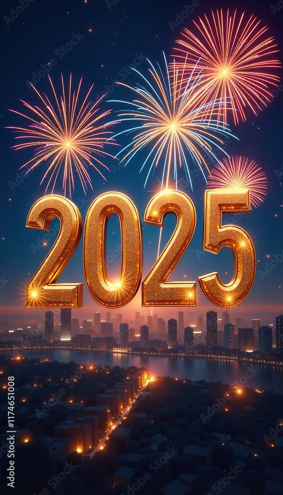 Golden 2025 Numbers with Fireworks Over City Skyline New Years Eve Celebration Concept Golden 2025 Numbers with Fireworks Over City Skyline New Years Eve Celebration Concept