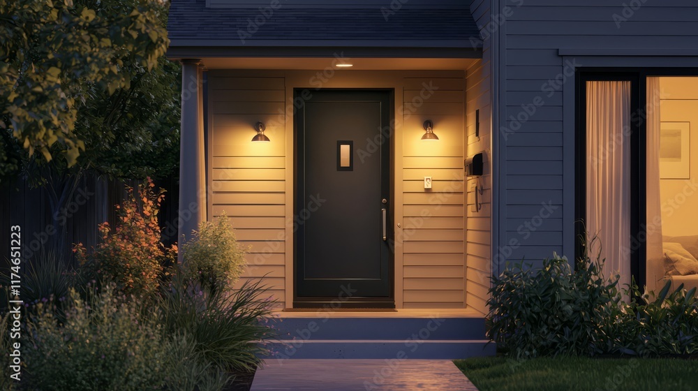 Cozy Home Entrance: A warmly lit front door of a house, exuding an inviting and welcoming ambiance at dusk. The scene showcases the property with focus on the door, side lamps, and outdoor lighting. Cozy Home Entrance: A warmly lit front door of a house, exuding an inviting and welcoming ambiance at dusk. The scene showcases the property with focus on the door, side lamps, and outdoor lighting.