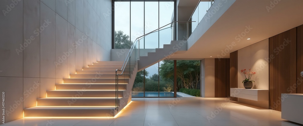 Obraz premium Modern home interior with grand staircase and illuminated steps leading to a glass window overlooking garden and pool concept of luxurious living