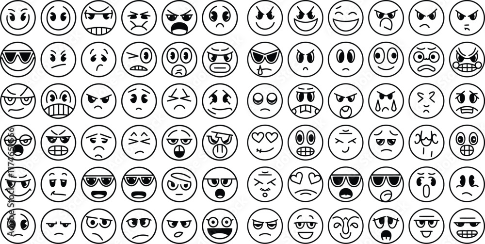 A collection of hand-drawn emoji-style faces in a minimalist black-and-white style. There are smiling, sad, angry, surprised, and playful faces. A collection of hand-drawn emoji-style faces in a minimalist black-and-white style. There are smiling, sad, angry, surprised, and playful faces.