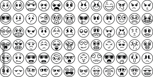 A collection of hand-drawn emoji-style faces in a minimalist black-and-white style. There are smiling, sad, angry, surprised, and playful faces.