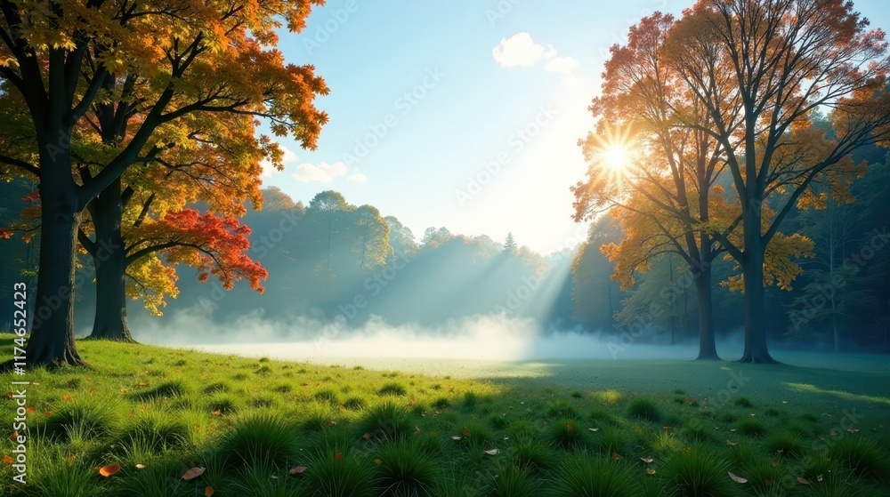 Fototapeta premium Serene Autumn Dawn Majestic trees ablaze with fall foliage stand sentinel over a tranquil meadow veiled in early morning mist, sunbeams piercing the fog creating an idyllic landscape.