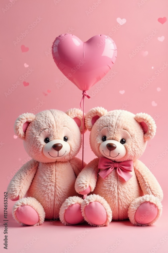 Two teddy bears sitting together on a soft pink background with a sweet heart-shaped balloon above them, plush toys, friendship Two teddy bears sitting together on a soft pink background with a sweet heart-shaped balloon above them, plush toys, friendship