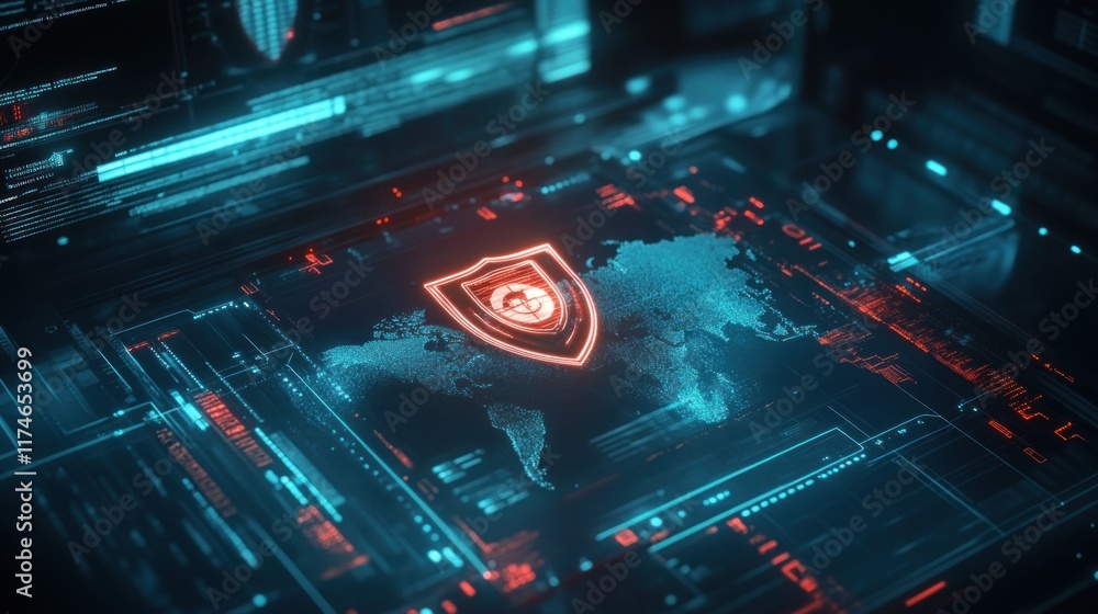 Obraz premium A digital interface displaying a world map with a shield symbol, emphasizing cybersecurity.