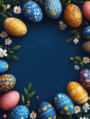 Happy Easter greeting Card with copy space. Colorful easter eggs with spring flowers on dark blue background. Generative AI