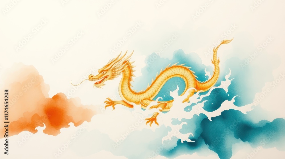 Obraz premium Golden dragon soaring through clouds; Asian art design; website banner.
