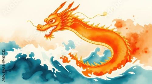 Fiery orange dragon emerging from ocean waves; mythical creature illustration. photo