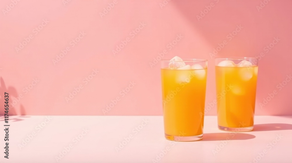 Two Glasses of Refreshing Iced Citrus Beverage on Pink Background with Soft Light and Shadow Two Glasses of Refreshing Iced Citrus Beverage on Pink Background with Soft Light and Shadow