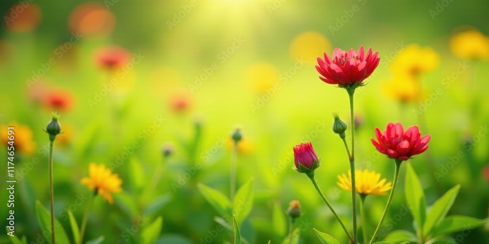 Vibrant red blossoms bathed in warm sunlight amidst a field of blooming yellow and red flowers, a serene summer scene of nature's beauty Vibrant red blossoms bathed in warm sunlight amidst a field of blooming yellow and red flowers, a serene summer scene of nature's beauty