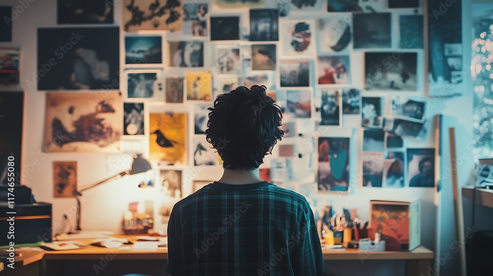 A person reviewing their vision board on a wall, filled with images and quotes related to personal growth and goal achievement, with a calm atmosphere in the room. A person reviewing their vision board on a wall, filled with images and quotes related to personal growth and goal achievement, with a calm atmosphere in the room.